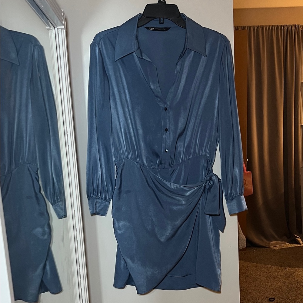 Zara Satin Blue Long Sleeve Dress